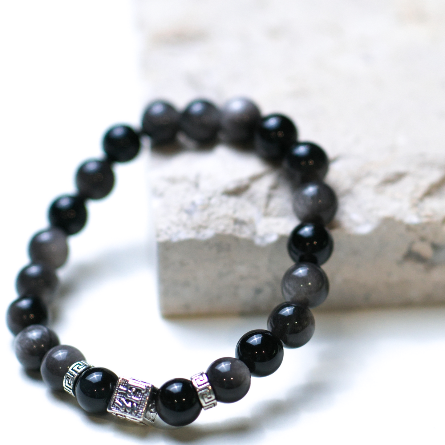 Tibetan Silver Sheen Obsidian Protection Bracelet