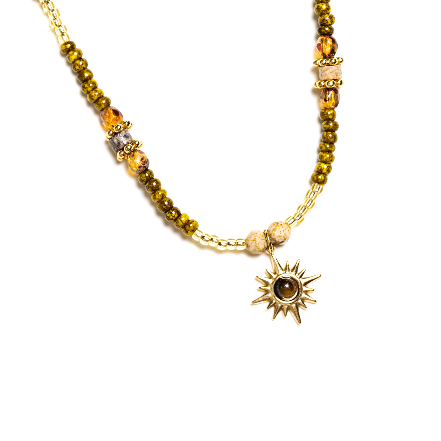 Cat's Eye Stone Necklace with Gold Sun Pendant