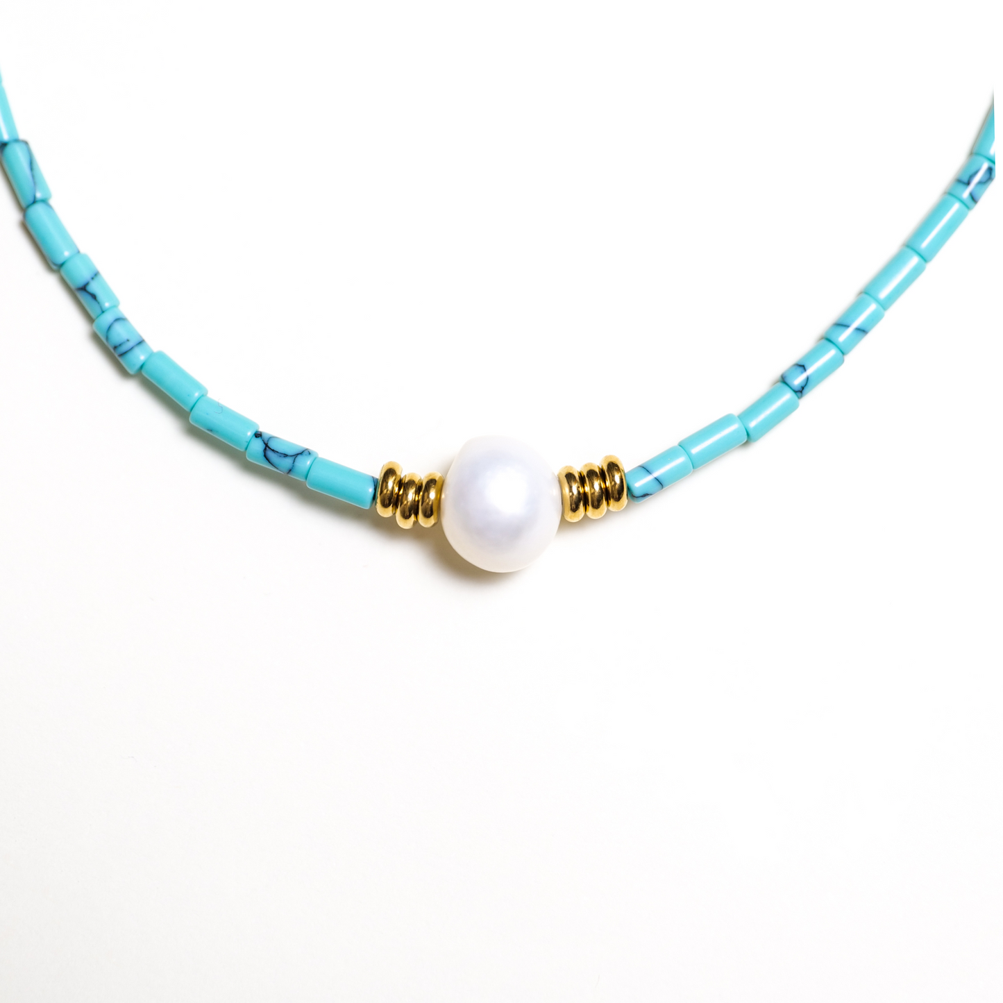 Turquoise and Pearl Necklace with Gold Accents