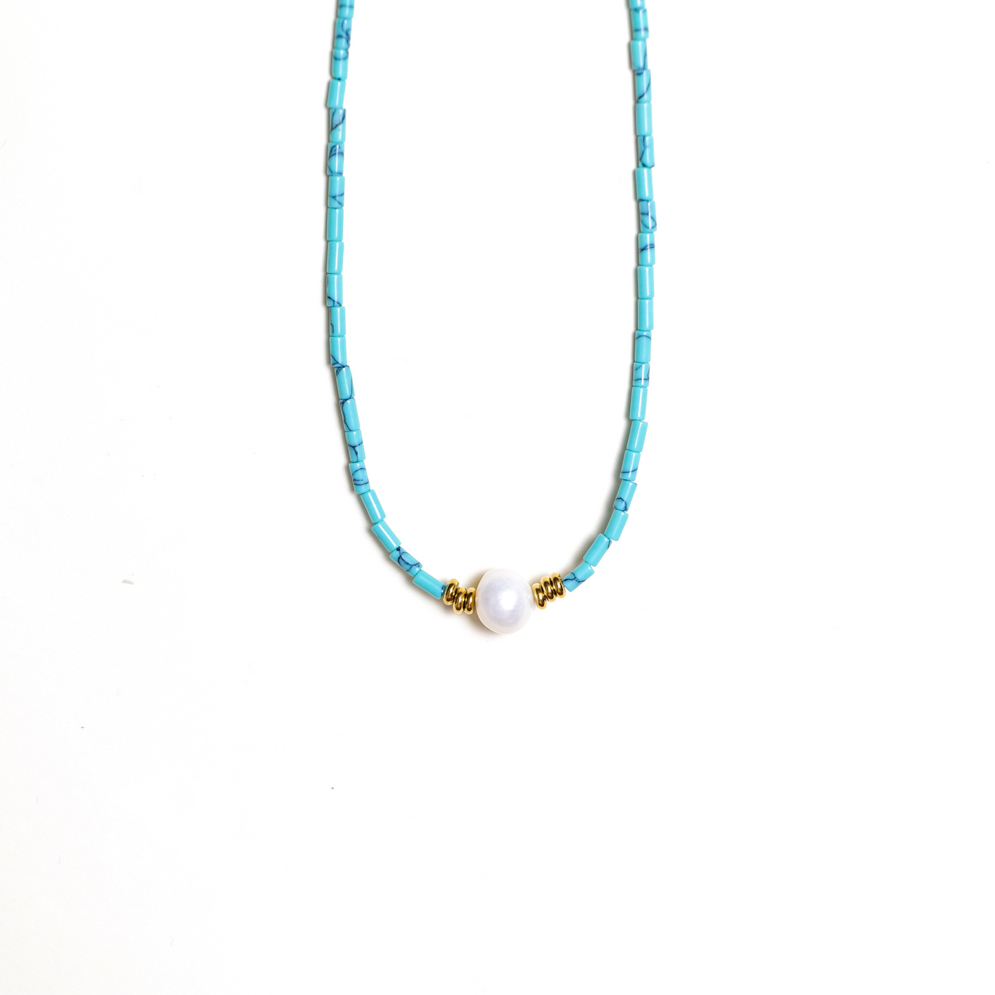 Turquoise and Pearl Necklace with Gold Accents